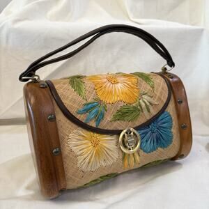 Vintage Wooden Floral Purse 70’s Hippie Boho Hawaiian Tropical Beach Vacation